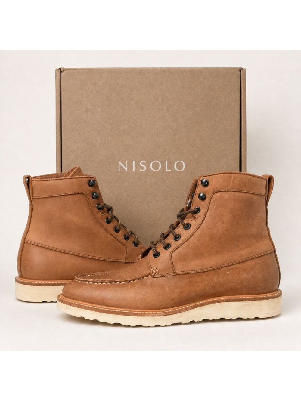 Nisolo Men's 11.5 All Weather Leather Moc Toe Wedge Sole Boots Tobacco New